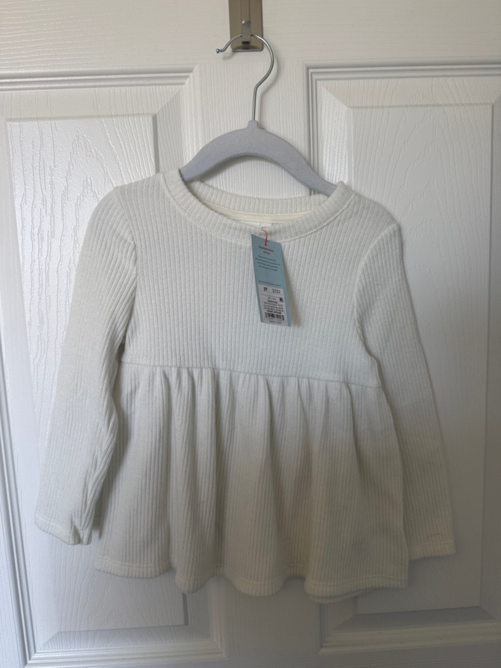 2T Cream Ribbed Long-Sleeve Peplum Top/Dress